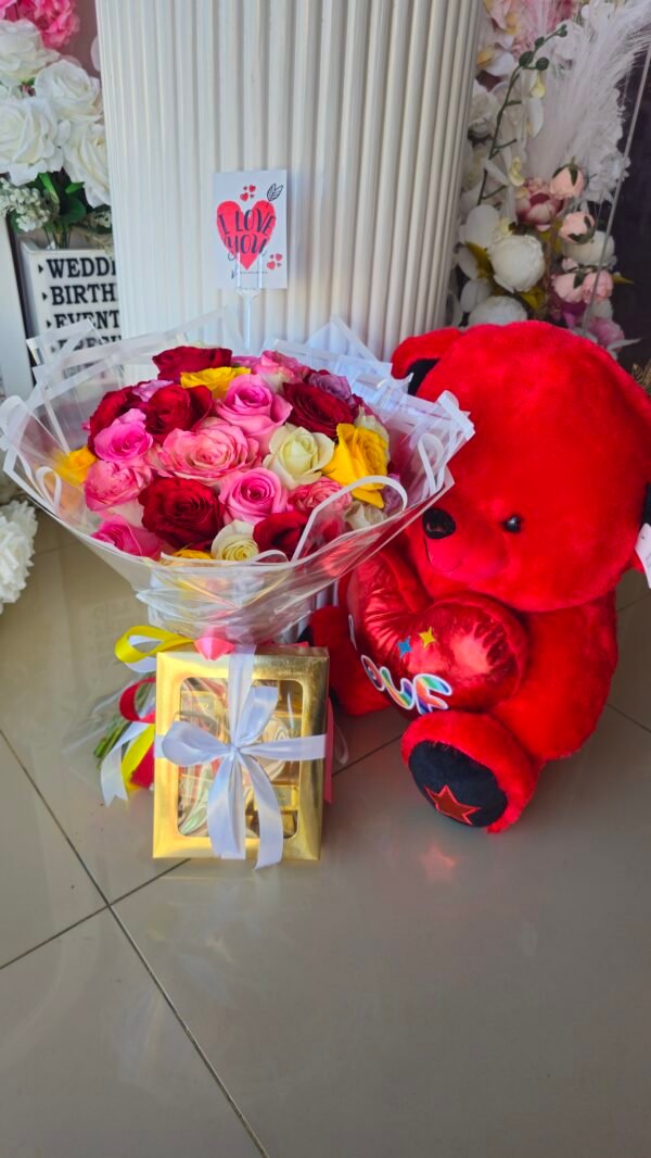 Fresh flower chocolate teddy bear